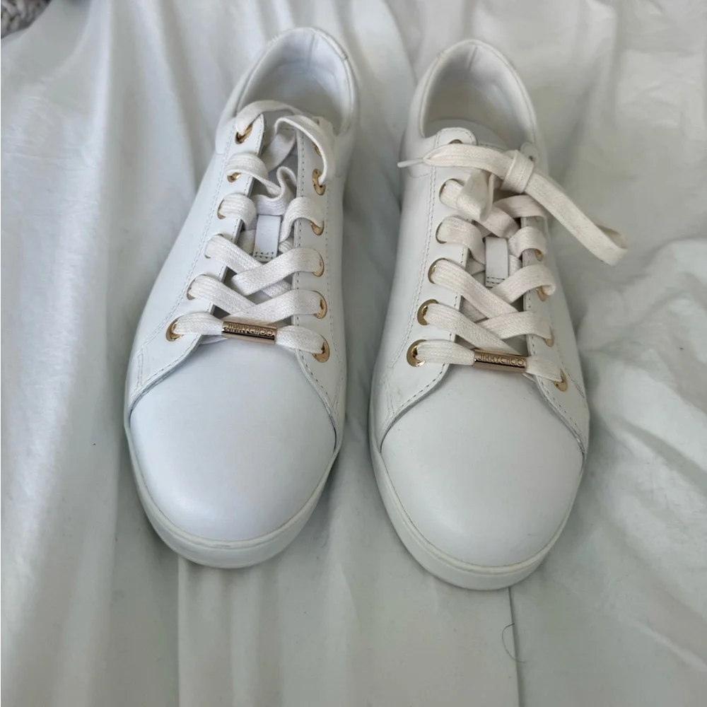 NEW Jimmy Choo White and Star Studded Gold Leather Sneakers 41.5 / 10 US